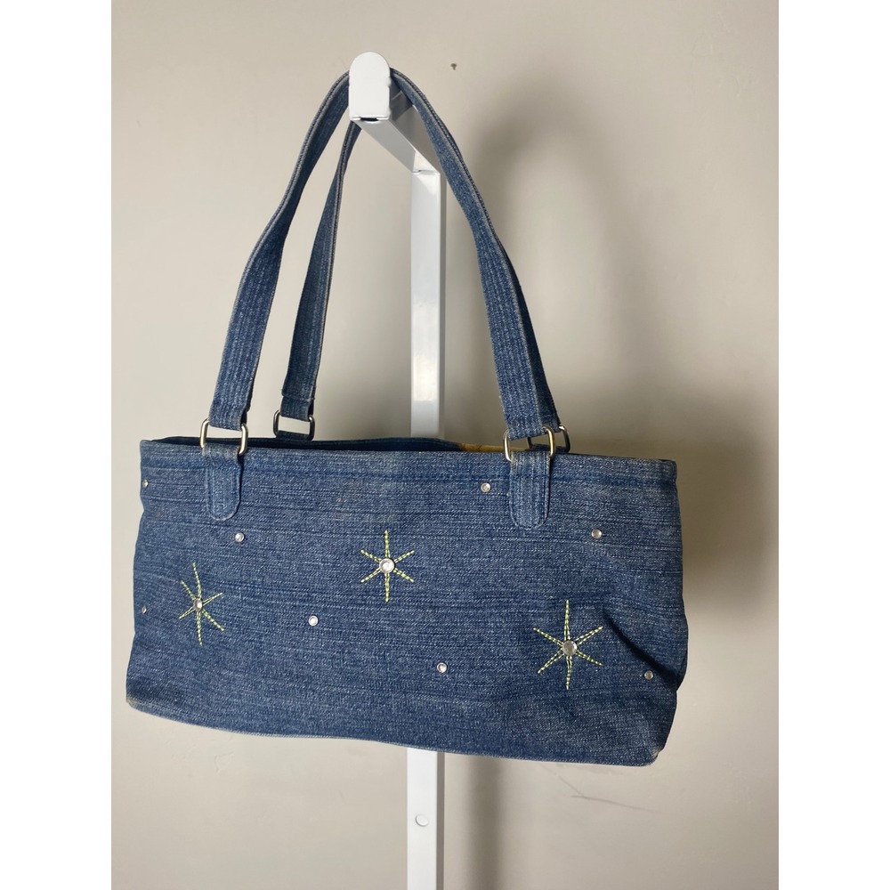 Disney Store Tinkerbell Denim Shoulder Bag Y2K Blue Tote Rhinestone Stars Fairy - Picture 2 of 4